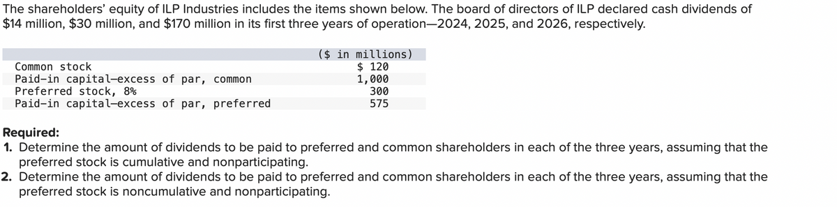 The shareholders' equity of ILP Industries includes the items shown below. The board of directors of ILP declared cash dividends of
$14 million, $30 million, and $170 million in its first three years of operation-2024, 2025, and 2026, respectively.
Common stock
Paid-in capital-excess of par, common
Preferred stock, 8%
Paid-in capital-excess of par, preferred
($ in millions)
$ 120
1,000
300
575
Required:
1. Determine the amount of dividends to be paid to preferred and common shareholders in each of the three years, assuming that the
preferred stock is cumulative and nonparticipating.
2. Determine the amount of dividends to be paid to preferred and common shareholders in each of the three years, assuming that the
preferred stock is noncumulative and nonparticipating.