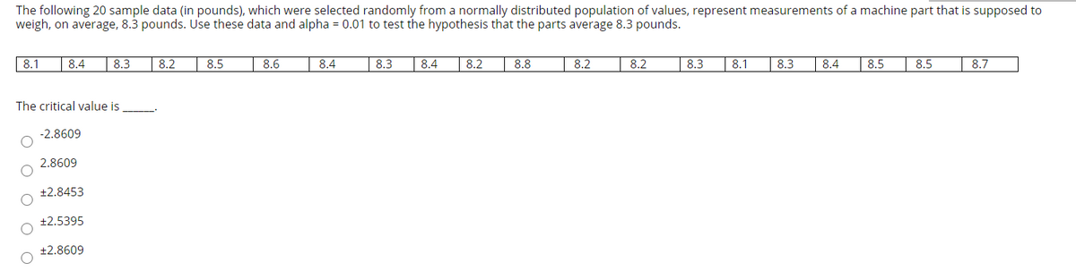 The following 20 sample data (in pounds), which were selected randomly from a normally distributed population of values, represent measurements of a machine part that is supposed to
weigh, on average, 8.3 pounds. Use these data and alpha = 0.01 to test the hypothesis that the parts average 8.3 pounds.
8.1
8.4
8.3
8.2
8.5
8.6
8.4
8.3
| 8.4
| 8.2
8.8
8.2
8.2
8.3
| 8.1
| 8.3
8.4
8.5
8.5
8.7
The critical value is
-2.8609
2.8609
+2.8453
+2.5395
+2.8609
