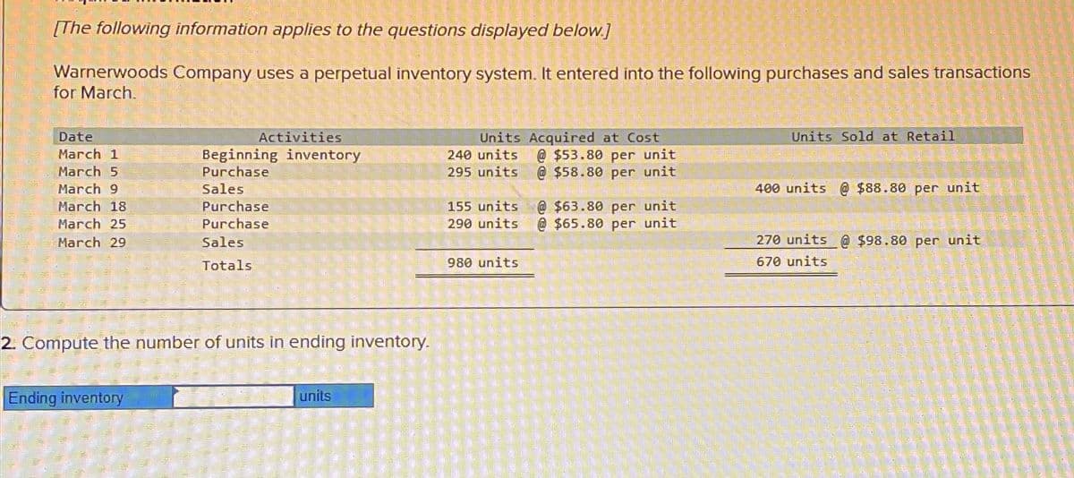 [The following information applies to the questions displayed below.]
Warnerwoods Company uses a perpetual inventory system. It entered into the following purchases and sales transactions
for March.
Date
March 1
March 5
March 9
March 18
March 25
March 29
Activities
Beginning inventory
Purchase
Sales
Purchase
Purchase
Sales
Totals
2. Compute the number of units in ending inventory.
Ending inventory
units
Units Acquired at Cost
@$53.80 per unit
@$58.80 per unit
240 units
295 units
155 units
290 units
980 units
@ $63.80 per unit
@$65.80 per unit
Units Sold at Retail
400 units @ $88.80 per unit
270 units @ $98.80 per unit
670 units