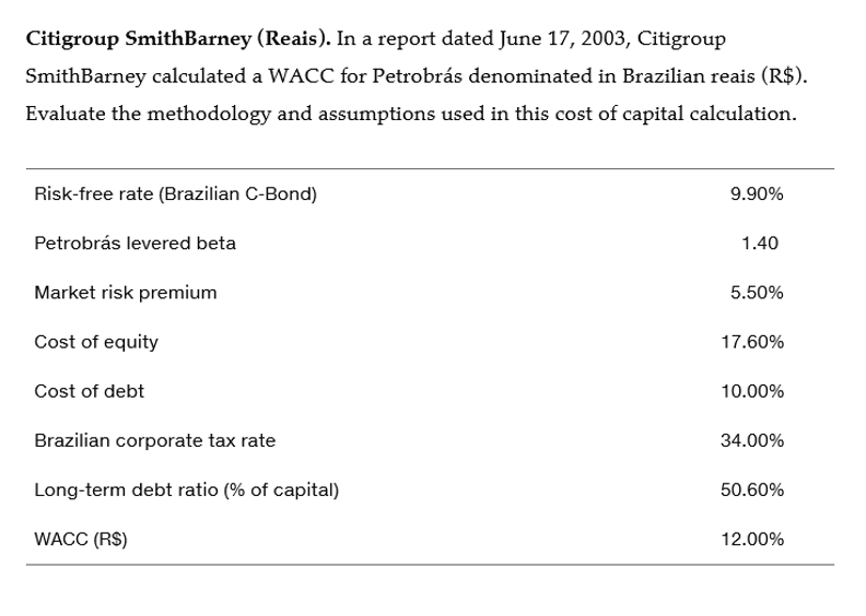 Citigroup SmithBarney (Reais). In a report dated June 17, 2003, Citigroup
SmithBarney calculated a WACC for Petrobrás denominated in Brazilian reais (R$).
Evaluate the methodology and assumptions used in this cost of capital calculation.
Risk-free rate (Brazilian C-Bond)
Petrobrás levered beta
Market risk premium
Cost of equity
Cost of debt
Brazilian corporate tax rate
Long-term debt ratio (% of capital)
WACC (RS)
9.90%
1.40
5.50%
17.60%
10.00%
34.00%
50.60%
12.00%