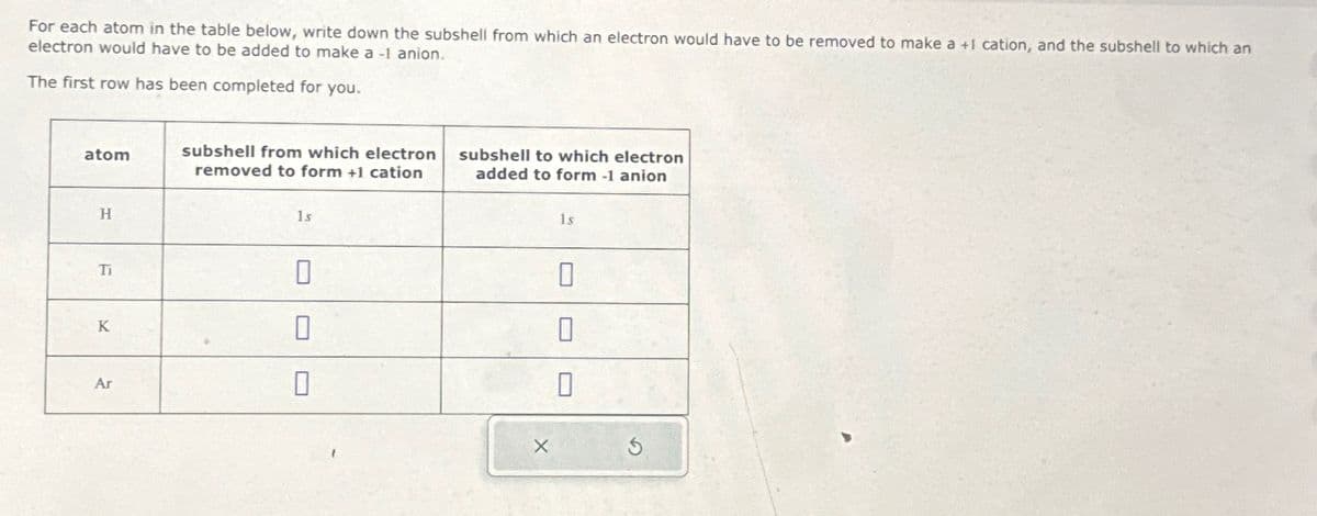 For each atom in the table below, write down the subshell from which an electron would have to be removed to make a +1 cation, and the subshell to which an
electron would have to be added to make a -1 anion.
The first row has been completed for you.
atom
subshell from which electron
removed to form +1 cation
subshell to which electron
added to form -1 anion
H
Ti
K
1s
1s
Ar
☐
☐