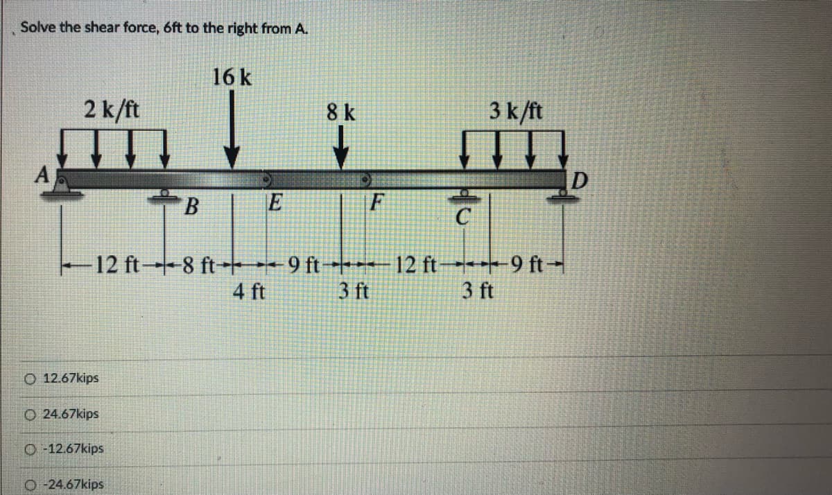 Solve the shear force, 6ft to the right from A.
16 k
2 k/ft
8 k
3 k/ft
A
B
E
F
-12 ft 8 ft+- 9 ft+-12 ft +9 ft-
4 ft
3 ft
3 ft
O 12.67kips
O 24.67kips
O-12.67kips
O -24.67kips
