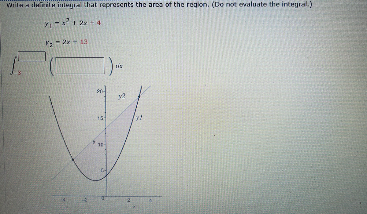 Write a definite integral that represents the area of the region. (Do not evaluate the integral.)
y, = x + 2x + 4
Y2 = 2x + 13
1)-
-3
20
y2
15
10-
2.
5,
