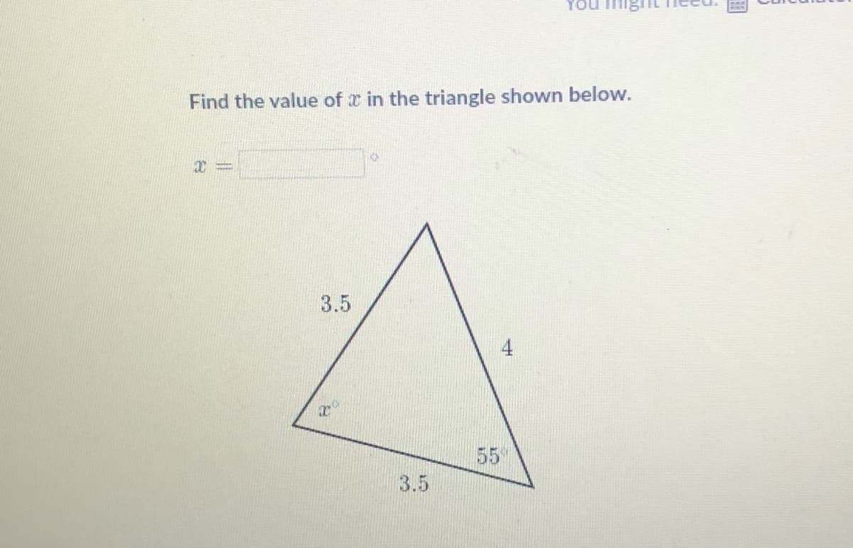 You im
Find the value of r in the triangle shown below.
3.5
4
55
3.5
