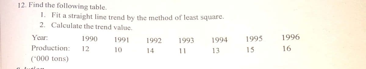 12. Find the following table.
1. Fit a straight line trend by the method of least square.
2. Calculate the trend value.
Year:
1990
1991
1992
1993
1994
1995
1996
Production:
12
10
14
11
13
15
16
(*000 tons)
