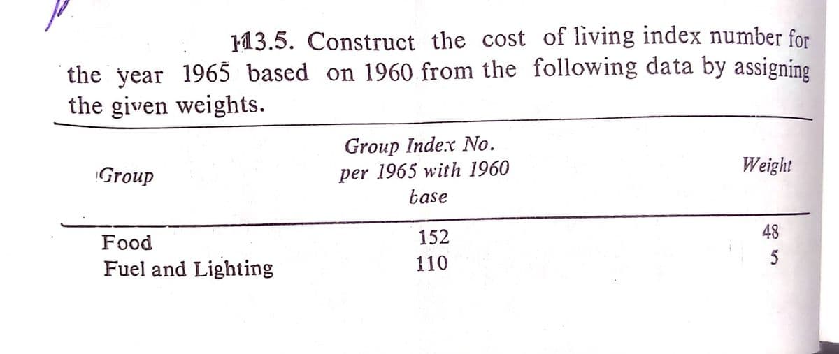 113.5. Construct the cost of living index number for
the year 1965 based on 1960 from the following data by assigning
the given weights.
Group Index No.
Group
per 1965 with 1960
Weight
base
Food
152
48
Fuel and Lighting
110
5
