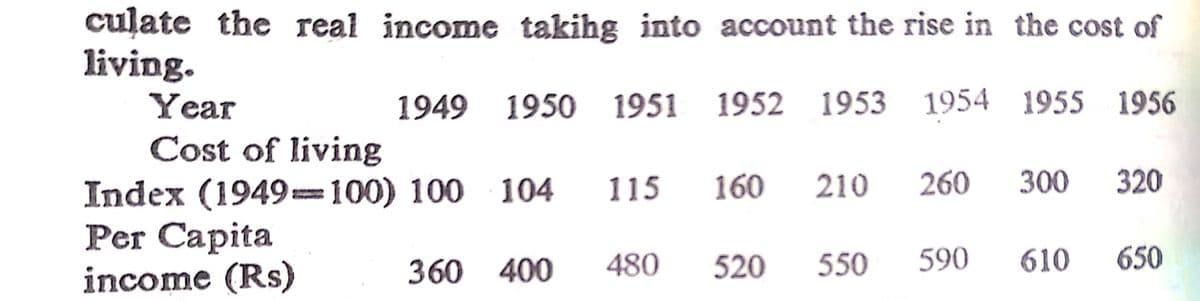 cuļate the real income takihg into account the rise in the cost of
living.
Year
1949 1950 1951 1952 1953 1954 1955 1956
Cost of living
160
210
260
300
320
Index (1949=100) 100 104
Per Capita
income (Rs)
115
360 400
480
520
550
590
610
650
