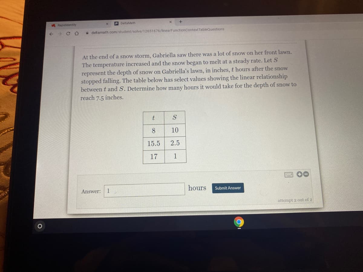 Rapididentity
e DeltaMath
A deltamath.com/student/solve/12651676/linearFunctionContext TableQuestions
At the end of a snow storm, Gabriella saw there was a lot of snow on her front lawn.
The temperature increased and the snow began to melt at a steady rate. Let S
represent the depth of snow on Gabriella's lawn, in inches, t hours after the snow
stopped falling. The table below has select values showing the linear relationship
between t and S. Determine how many hours it would take for the depth of snow to
reach 7.5 inches.
8
10
15.5
2.5
17
Answer:
1
hours
Submit Answer
attempt 2 out of 2
