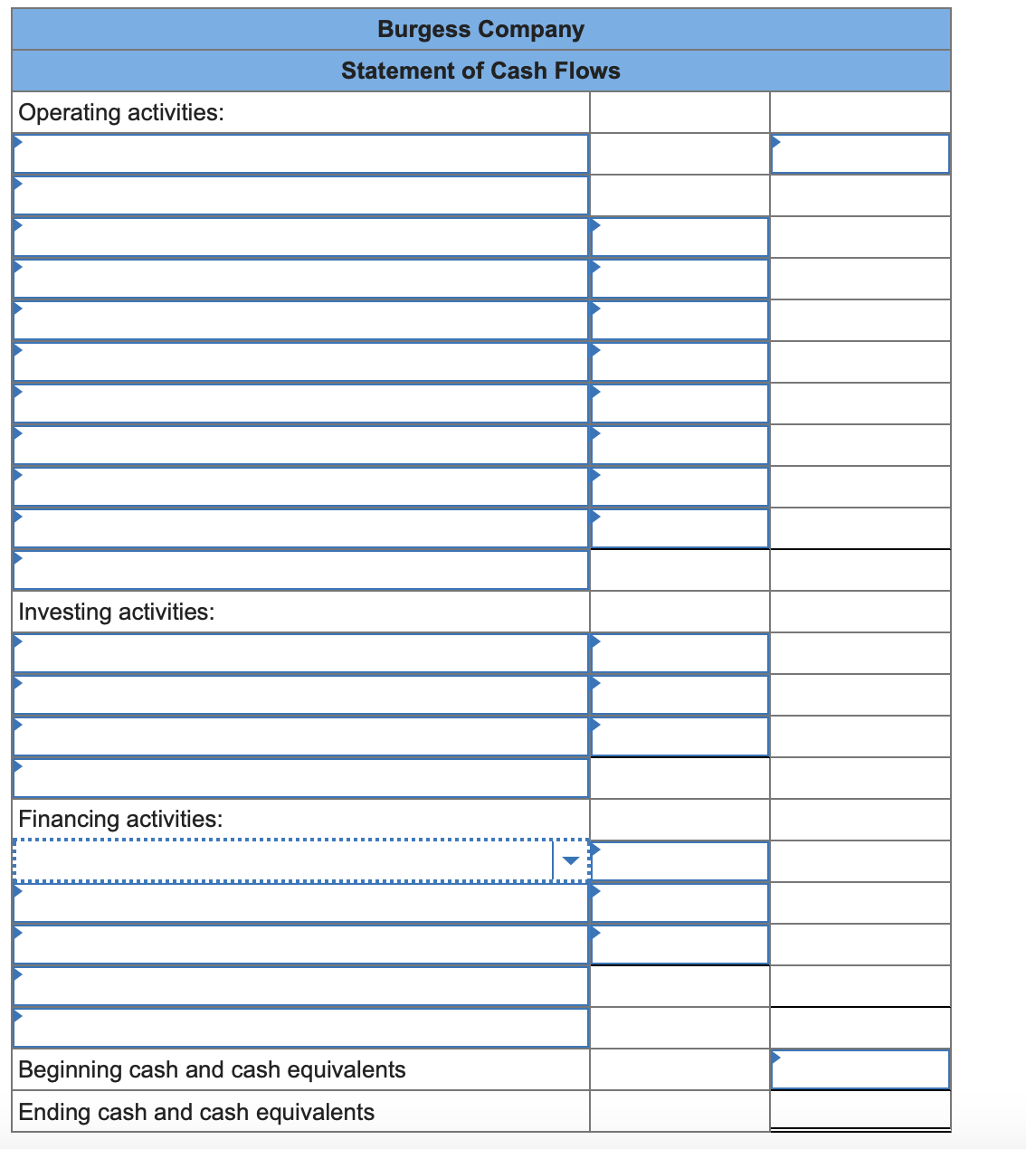 Burgess Company
Statement of Cash Flows
Operating activities:
Investing activities:
Financing activities:
Beginning cash and cash equivalents
Ending cash and cash equivalents
