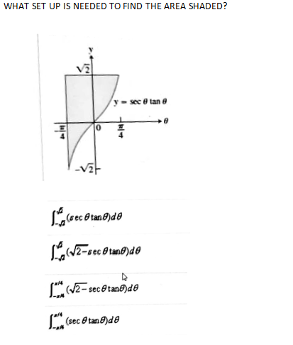 WHAT SET UP IS NEEDED TO FIND THE AREA SHADED?
- sec e tan e
S" (2- secetane)de
(sec O tan 8)de
