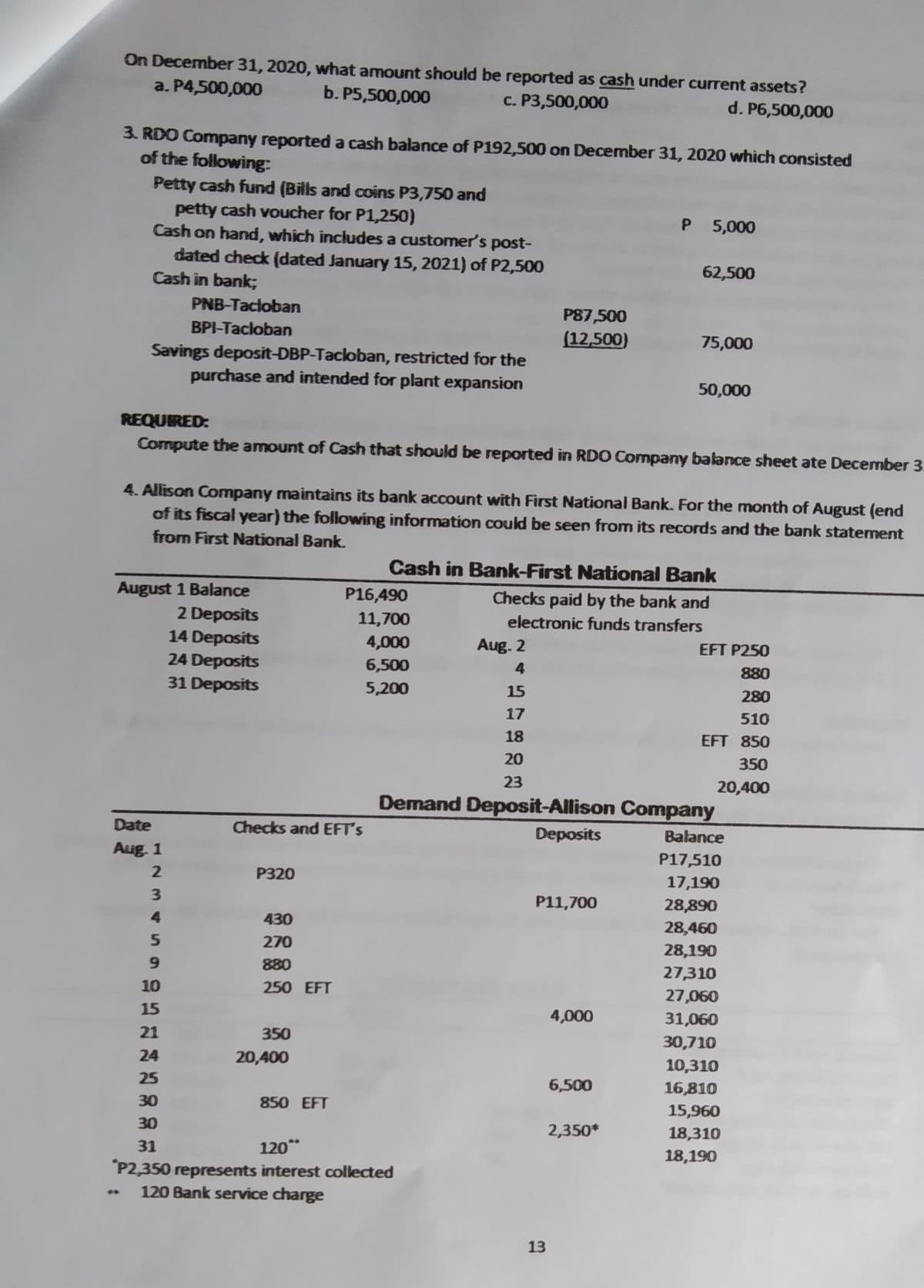 On December 31, 2020, what amount should be reported as cash under current assets?
a. P4,500,000
b. P5,500,000
c. P3,500,000
d. P6,500,000
3. RDO Company reported a cash balance of P192,500 on December 31, 2020 which consisted
of the following:
Petty cash fund (Bills and coins P3,750 and
petty cash voucher for P1,250)
Cash on hand, which includes a customer's post-
dated check (dated January 15, 2021) of P2,500
Cash in bank;
P 5,000
62,500
PNB-Tacloban
P87,500
BPI-Tacloban
(12,500)
75,000
Savings deposit-DBP-Tacloban, restricted for the
purchase and intended for plant expansion
50,000
REQUIRED:
Compute the amount of Cash that should be reported in RDO Company balance sheet ate December 3.
4. Allison Company maintains its bank account with First National Bank. For the month of August (end
of its fiscal year) the following information could be seen from its records and the bank statement
from First National Bank.
Cash in Bank-First National Bank
August 1 Balance
2 Deposits
14 Deposits
P16,490
Checks paid by the bank and
11,700
electronic funds transfers
4,000
Aug. 2
EFT P250
24 Deposits
31 Deposits
6,500
4
880
5,200
15
280
17
510
18
EFT 850
20
350
23
20,400
Demand Deposit-Allison Company
Date
Checks and EFT's
Deposits
Balance
Aug. 1
P17,510
P320
17,190
3
P11,700
28,890
4
430
28,460
5.
270
28,190
880
27,310
10
250 EFT
27,060
15
4,000
31,060
21
350
30,710
24
20,400
10,310
25
6,500
16,810
30
850 EFT
15,960
30
2,350*
18,310
120
P2,350 represents interest collected
120 Bank service charge
31
18,190
13
