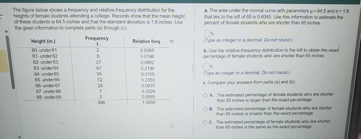 The figure below shows a frequency and relative-frequency distribution for the
heights of female students attending a college. Records show that the mean height
of these students is 64.5 inches and that the standard deviation is 1.8 inches. Use
the given information to complete parts (a) through (c).
Relative freq.
Height (in.)
Frequency
f.
60-under 61
2
0.0065
61-under 62
6
0.0196
62-under 63
27
0.0882
63-under 64
67
0.2190
64-under 65
95
0.3105
65 under 66
72
0.2353
66-under 67
28
0.0915
67-under 68
7
0.0229
68 under 69
2
0.0065
306
1.0000
a. The area under the normal curve with parameters μ = 64.5 and σ = 1.8
that lies to the left of 65 is 0.6045. Use this information to estimate the
percent of female students who are shorter than 65 inches.
☐ %
(Type an integer or a decimal. Do not round.)
b. Use the relative-frequency distribution to the left to obtain the exact
percentage of female students who are shorter than 65 inches.
☐ %
(Type an integer or a decimal. Do not round.)
c. Compare your answers from parts (a) and (b).
OA. The estimated percentage of female students who are shorter
than 65 inches is larger than the exact percentage.
OB. The estimated percentage of female students who are shorter
than 65 inches is smaller than the exact percentage.
C. The estimated percentage of female students who are shorter
than 65 inches is the same as the exact percentage.