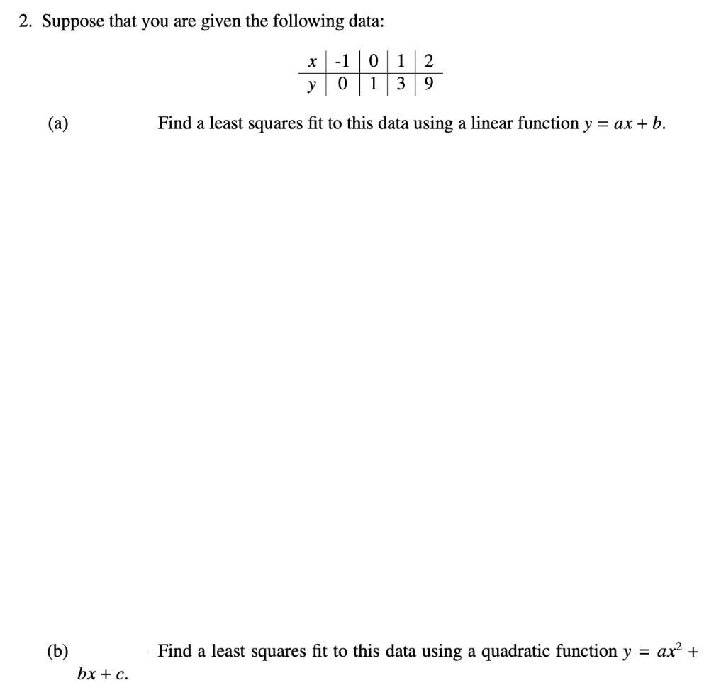 2. Suppose that you are given the following data:
(a)
(b)
bx + c.
X -1 0 1 2
y 0 1 3 9
Find a least squares fit to this data using a linear function y = ax + b.
Find a least squares fit to this data using a quadratic function y = ax² +