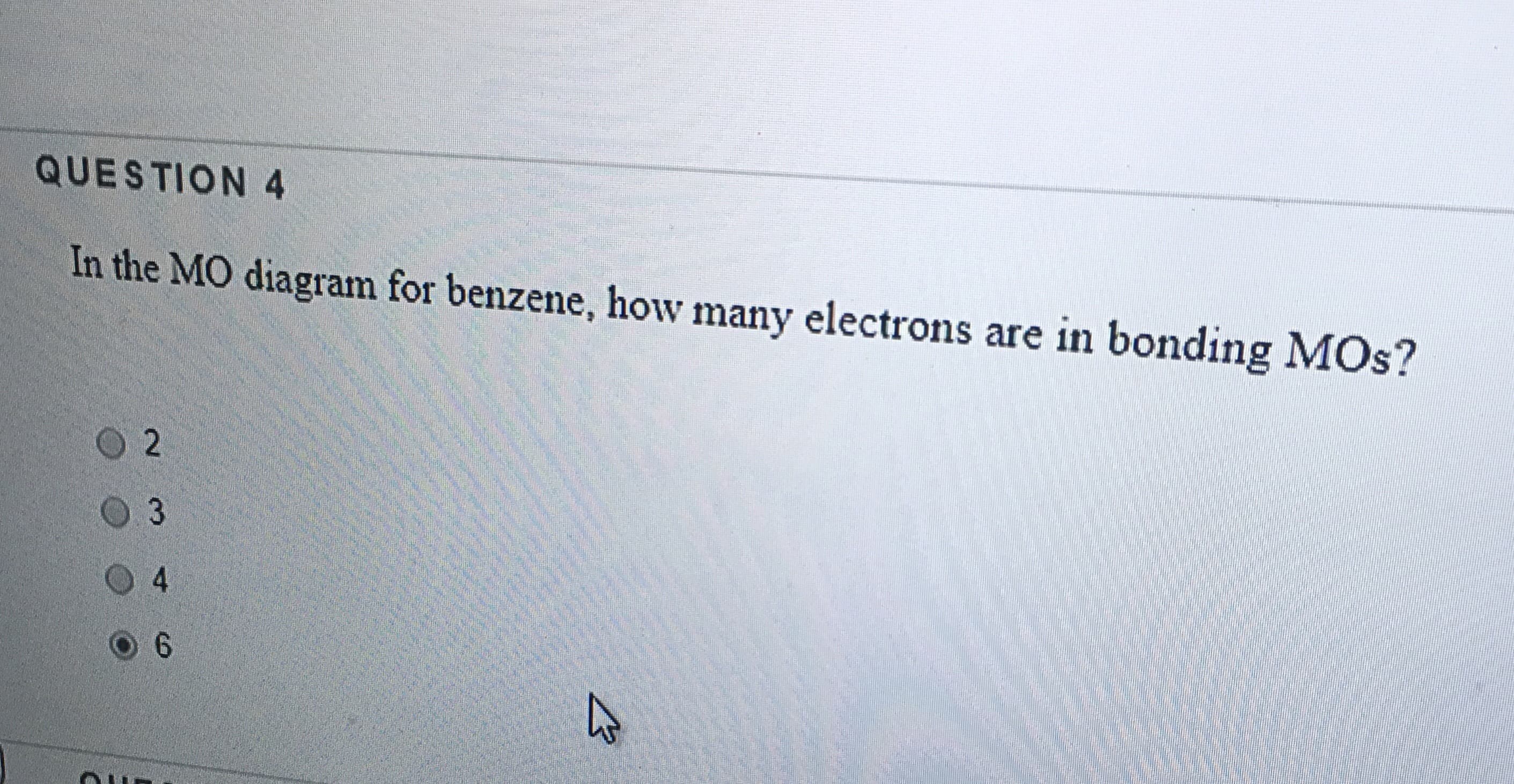 In the MO diagram for benzene, how many electrons are in bonding MOs?
