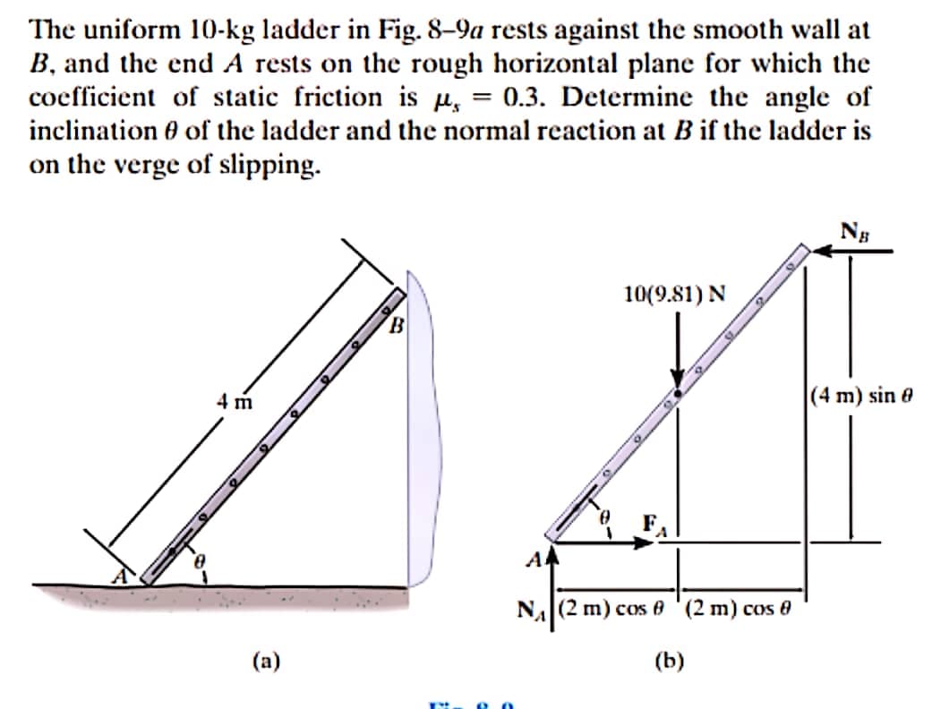 The uniform 10-kg ladder in Fig. 8–9a rests against the smooth wall at
B, and the end A rests on the rough horizontal plane for which the
coefficient of static friction is u,
= 0.3. Determine the angle of
inclination 0 of the ladder and the normal reaction at B if the ladder is
on the verge of slipping.
Ng
10(9.81) N
B.
4 m
|(4 m) sin e
N(2 m) cos 0 '(2 m) cos e
(a)
(b)
