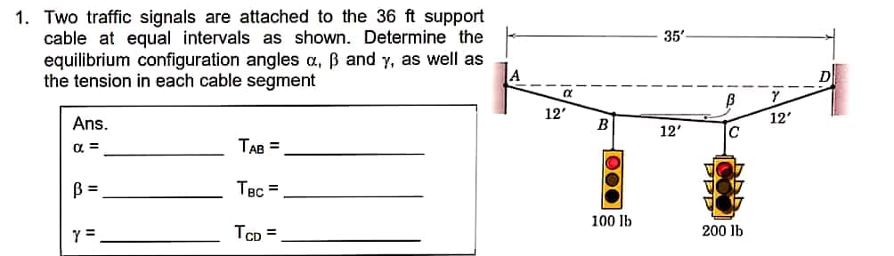 1. Two traffic signals are attached to the 36 ft support
cable at equal intervals as shown. Determine the
equilibrium configuration angles a, ß and y, as well as
the tension in each cable segment
35'
12'
12'
Ans.
B
12'
TAB =
B =
TBc =
100 lb
Y =
Tcp =
200 lb
000
