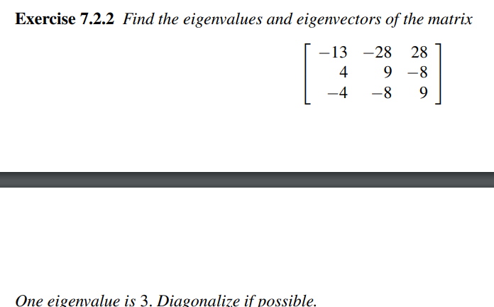 Exercise 7.2.2 Find the eigenvalues and eigenvectors of the matrix
-13-28 28
9 -8
-8 9
One eigenvalue is 3. Diagonalize if possible.
4
-4