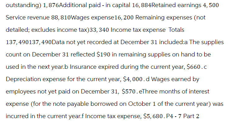 outstanding) 1, 876Additional paid - in capital 16,884Retained earnings 4,500
Service revenue 88, 810Wages expense16, 200 Remaining expenses (not
detailed; excludes income tax)33, 340 Income tax expense Totals
137,490137,490Data not yet recorded at December 31 included:a The supplies
count on December 31 reflected $190 in remaining supplies on hand to be
used in the next year.b Insurance expired during the current year, $660.c
Depreciation expense for the current year, $4,000.d Wages earned by
employees not yet paid on December 31, $570. eThree months of interest
expense (for the note payable borrowed on October 1 of the current year) was
incurred in the current year.f Income tax expense, $5,680. P4 - 7 Part 2