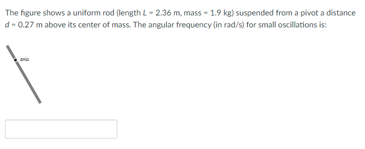 The figure shows a uniform rod (length L = 2.36 m, mass = 1.9 kg) suspended from a pivot a distance
d = 0.27 m above its center of mass. The angular frequency (in rad/s) for small oscillations is:
axis
