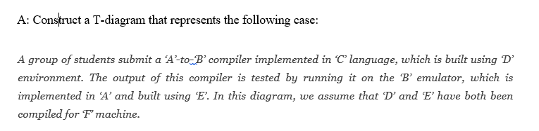 A: Construct a T-diagram that represents the following case:
A group of students submit a 'A'-to-B' compiler implemented in C language, which is built using D'
environment. The output of this compiler is tested by running it on the B' emulator, which is
implemented in 'A' and built using E'. In this diagram, we assume that D' and E’ have both been
compiled for F machine.
