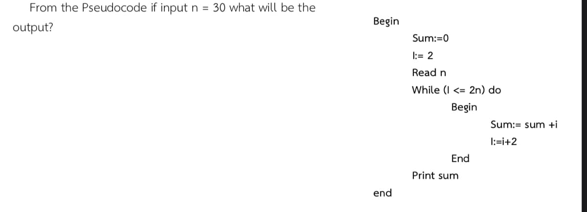 From the Pseudocode if input n = 30 what will be the
Begin
output?
Sum:=0
1:= 2
Read n
While (I <= 2n) do
Begin
Sum:= sum +i
1:=i+2
End
Print sum
end
