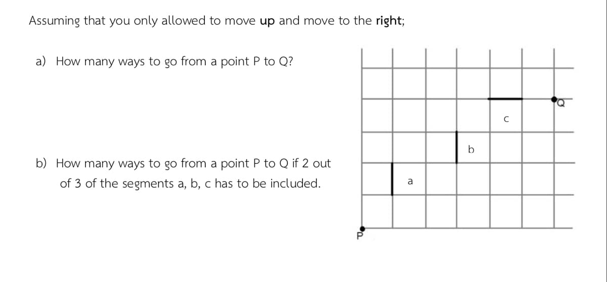 Assuming that you only allowed to move up and move to the right;
a) How many ways to go from a point P to Q?
b
b) How many ways to go from a point P to Q if 2 out
of 3 of the segments a, b, c has to be included.
a
