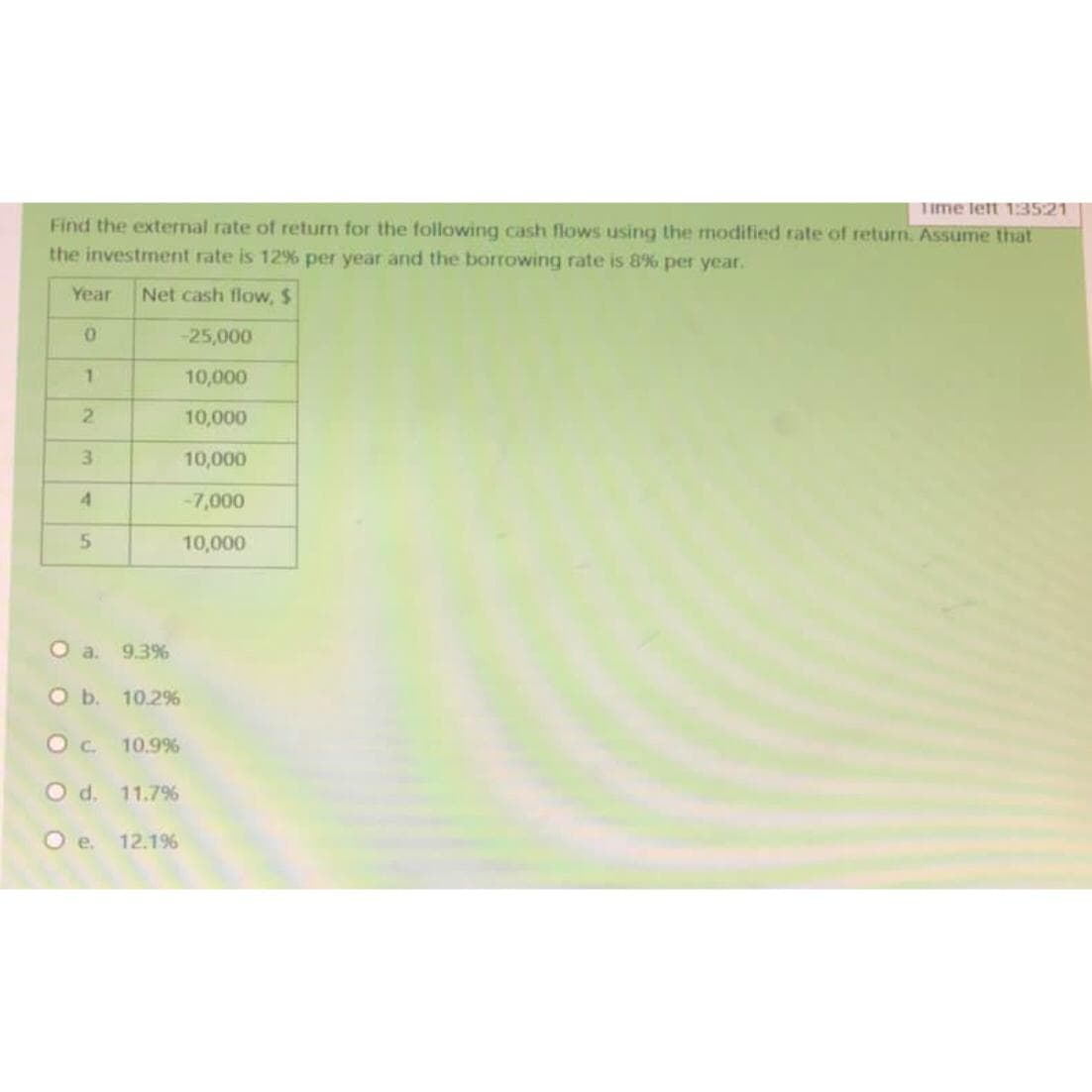 Time lett 1:35:21
Find the external rate of return for the following cash flows using the modified rate of return. Assume that
the investment rate is 12% per year and the borrowing rate is 8% per year.
Net cash flow, $
-25,000
10,000
10,000
10,000
-7,000
10,000
Year
0
1
2
3
4
5
O a. 9.3%
O b. 10.2%
O c. 10.9%
O d. 11.7%
O e. 12.1%