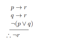 p→ r
I →r
-(p V q)
.'. ¬r
