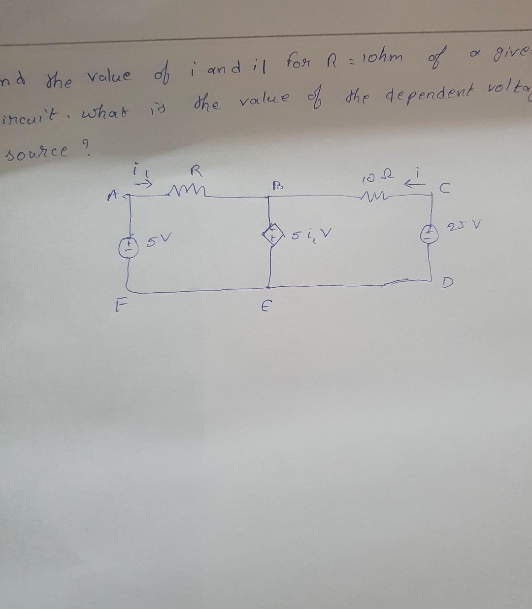 d the value ofi an d i| for R: 1ohm of
for R =
of
a give
incuit. what iy
the value
o the dependent volta
6.
source ?
R
25 V
