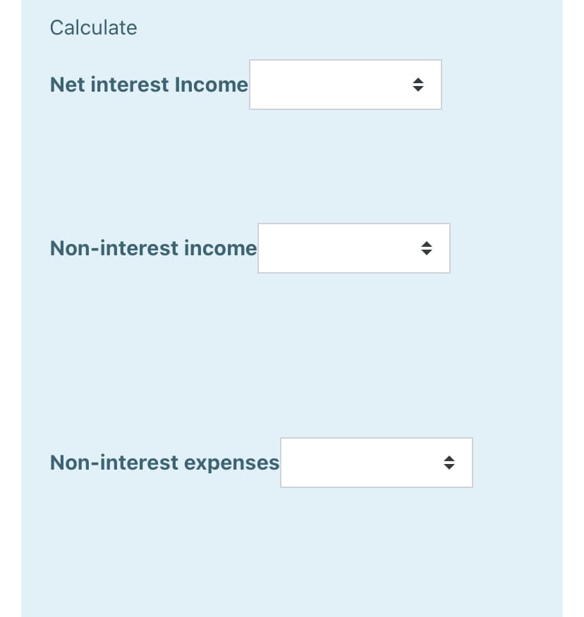 Calculate
Net interest Income
Non-interest income
Non-interest expenses
