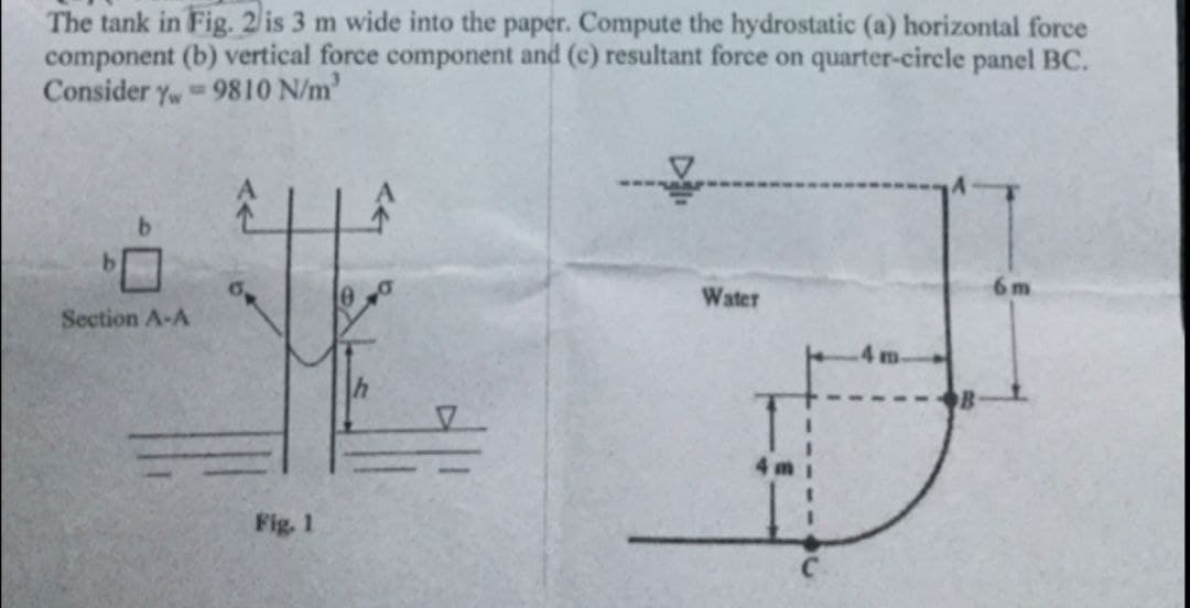 The tank in Fig. 2/is 3 m wide into the paper. Compute the hydrostatic (a) horizontal force
component (b) vertical force component and (c) resultant force on quarter-circle panel BC.
Consider y-9810 N/m
b.
6 m
Water
Section A-A
Fig. 1
