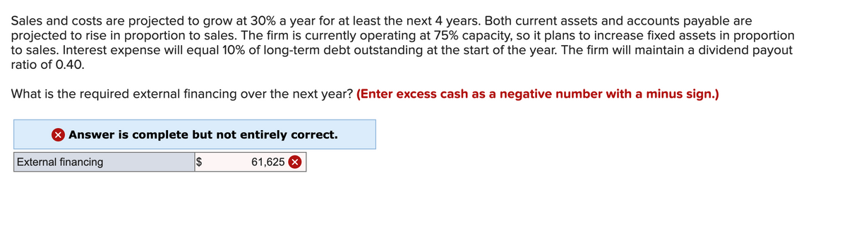 Sales and costs are projected to grow at 30% a year for at least the next 4 years. Both current assets and accounts payable are
projected to rise in proportion to sales. The firm is currently operating at 75% capacity, so it plans to increase fixed assets in proportion
to sales. Interest expense will equal 10% of long-term debt outstanding at the start of the year. The firm will maintain a dividend payout
ratio of 0.40.
What is the required external financing over the next year? (Enter excess cash as a negative number with a minus sign.)
X Answer is complete but not entirely correct.
61,625 X
External financing
$