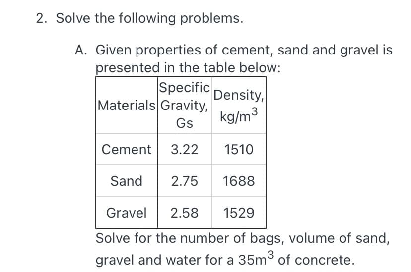 2. Solve the following problems.
A. Given properties of cement, sand and gravel is
presented in the table below:
Specific Density,
Materials Gravity,
kg/m3
Gs
Cement
3.22
1510
Sand
2.75
1688
Gravel
2.58
1529
Solve for the number of bags, volume of sand,
3
gravel and water for a 35m of concrete.
