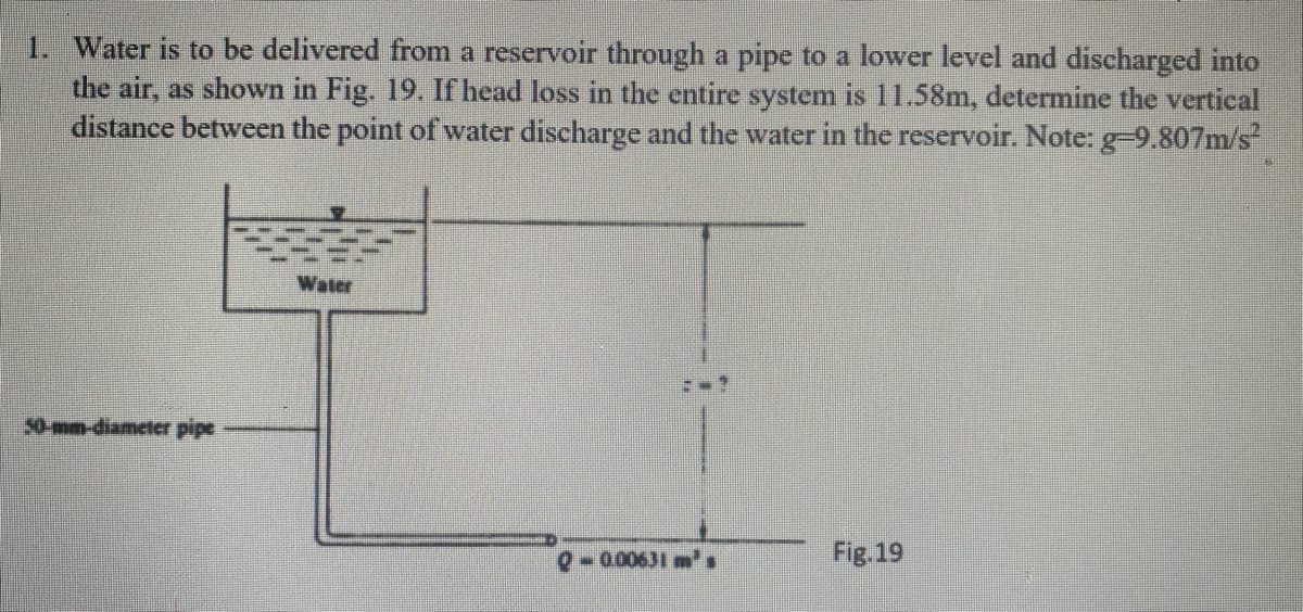 1. Water is to be delivered from a reservoir through a pipe to a lower level and discharged into
the air, as shown in Fig. 19. If head loss in the entire system is 11.58m, determine the vertical
distance between the point of water discharge and the water in the reservoir. Note: g-9.807m/s²
Water
50-mm-diameter pipe
Q - 0.00631 ms
Fig.19