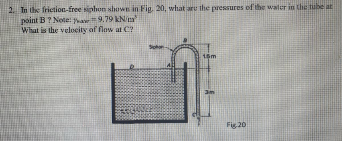 2. In the friction-free siphon shown in Fig. 20, what are the pressures of the water in the tube at
point B ? Note: water = 9.79 kN/m³
What is the velocity of flow at C?
B
Siphon
1.5m
D
3m
Fig.20