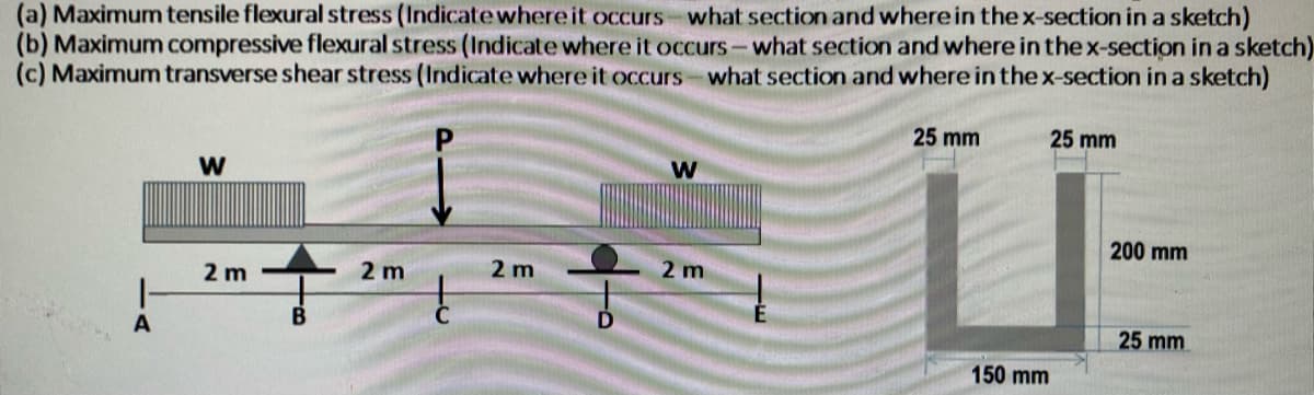 (a) Maximum tensile flexural stress (Indicate where it occurs what section and where in the x-section in a sketch)
(b) Maximum compressive flexural stress (Indicate where it occurs - what section and where in the x-section in a sketch)
(c) Maximum transverse shear stress (Indicate where it occurs what section and where in the x-section in a sketch)
25 mm
25 mm
W
W
U-
200 mm
2 m
2 m
2 m
+
25 mm
150 mm
2 m
TD