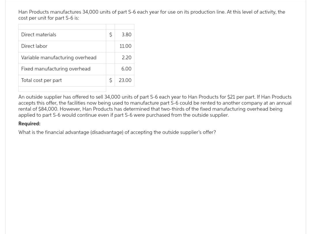Han Products manufactures 34,000 units of part S-6 each year for use on its production line. At this level of activity, the
cost per unit for part S-6 is:
Direct materials.
Direct labor
Variable manufacturing overhead
Fixed manufacturing overhead
Total cost per part
$
3.80
11.00
2.20
6.00
$ 23.00
An outside supplier has offered to sell 34,000 units of part S-6 each year to Han Products for $21 per part. If Han Products
accepts this offer, the facilities now being used to manufacture part S-6 could be rented to another company at an annual
rental of $84,000. However, Han Products has determined that two-thirds of the fixed manufacturing overhead being
applied to part S-6 would continue even if part S-6 were purchased from the outside supplier.
Required:
What is the financial advantage (disadvantage) of accepting the outside supplier's offer?