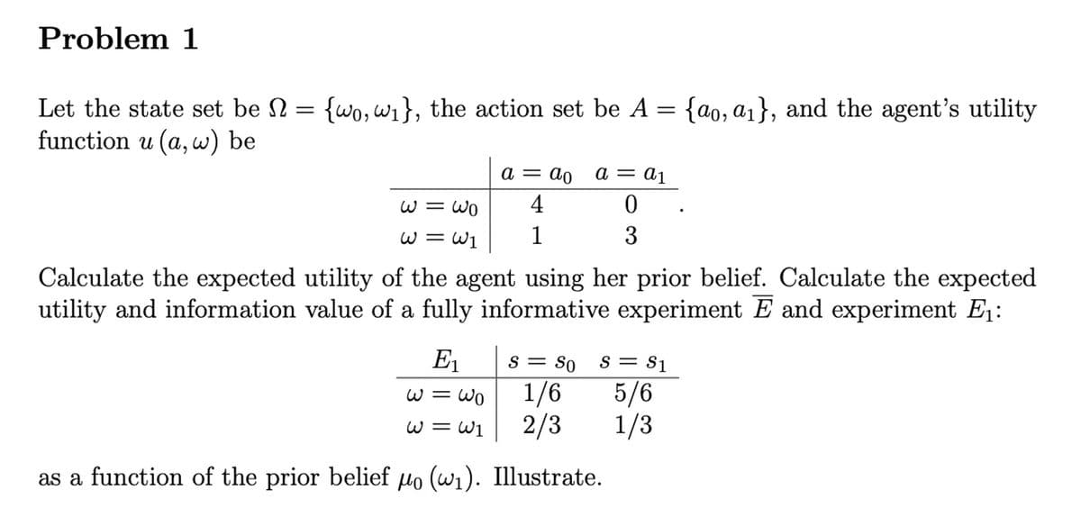 Problem 1
Let the state set be
=
function u (a, w) be
{wo, w₁}, the action set be A = {a0, a1}, and the agent's utility
a = ao
a = a1
03=3
4
0
W = W1
1
3
Calculate the expected utility of the agent using her prior belief. Calculate the expected
utility and information value of a fully informative experiment Ę and experiment E₁:
E₁₁
S = SO
S = S1
W = WO
1/6
5/6
W=W1
2/3
1/3
as a function of the prior belief μo (w₁). Illustrate.