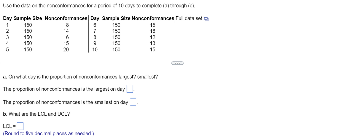 Use the data on the nonconformances for a period of 10 days to complete (a) through (c).
Day Sample Size Nonconformances Day Sample Size Nonconformances Full data set
1
6
2345
150
150
150
150
150
84652
14
LCL =
15
20
989
10
150
150
150
150
150
The proportion of nonconformances is the smallest on day
b. What are the LCL and UCL?
-0
(Round to five decimal places as needed.)
15
i W N 8 G
18
12
a. On what day is the proportion of nonconformances largest? smallest?
The proportion of nonconformances is the largest on day
13
15