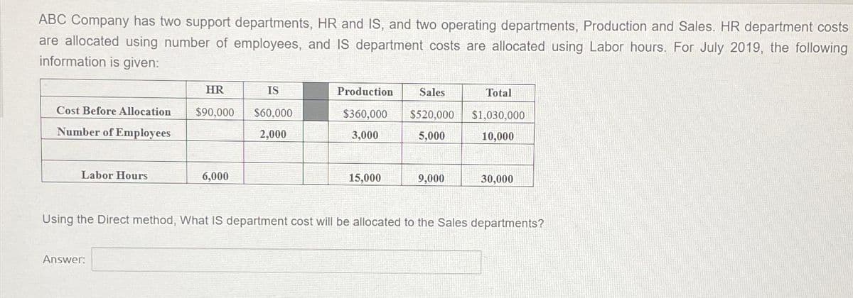 ABC Company has two support departments, HR and IS, and two operating departments, Production and Sales. HR department costs
are allocated using number of employees, and IS department costs are allocated using Labor hours. For July 2019, the following
information is given:
Cost Before Allocation
Number of Employees
Labor Hours
HR
IS
$90,000 $60,000
2,000
Answer:
6,000
Production
$360,000
3,000
15,000
Sales
$520,000
5,000
9,000
Total
$1,030,000
10,000
30,000
Using the Direct method, What IS department cost will be allocated to the Sales departments?