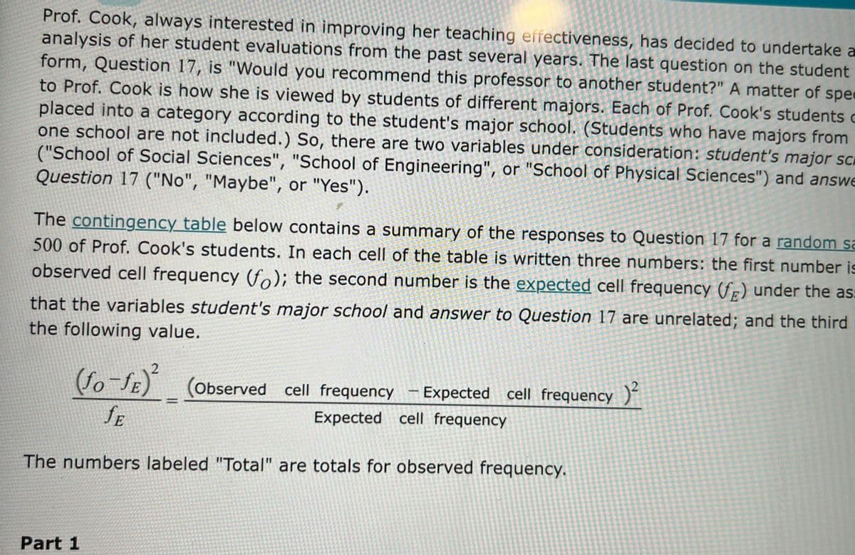 Prof. Cook, always interested in improving her teaching effectiveness, has decided to undertake a
analysis of her student evaluations from the past several years. The last question on the student
form, Question 17, is "Would you recommend this professor to another student?" A matter of spec
to Prof. Cook is how she is viewed by students of different majors. Each of Prof. Cook's students c
placed into a category according to the student's major school. (Students who have majors from
one school are not included.) So, there are two variables under consideration: student's major scr
("School of Social Sciences", "School of Engineering", or "School of Physical Sciences") and answe
Question 17 ("No", "Maybe", or "Yes").
The contingency table below contains a summary of the responses to Question 17 for a random sa
500 of Prof. Cook's students. In each cell of the table is written three numbers: the first number is
observed cell frequency (fo); the second number is the expected cell frequency (fr) under the as:
that the variables student's major school and answer to Question 17 are unrelated; and the third
the following value.
fo-SE (observed cell frequency -Expected cell frequency )
JE
Expected cell frequency
The numbers labeled "Total" are totals for observed frequency.
Part 1
