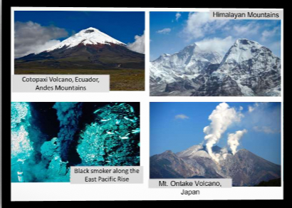 Cotopaxi Volcano, Ecuador,
Andes Mountains
Black smoker along the
East Pacific Rise
Himalayan Mountains
Mt. Ontake Volcano,
Japan