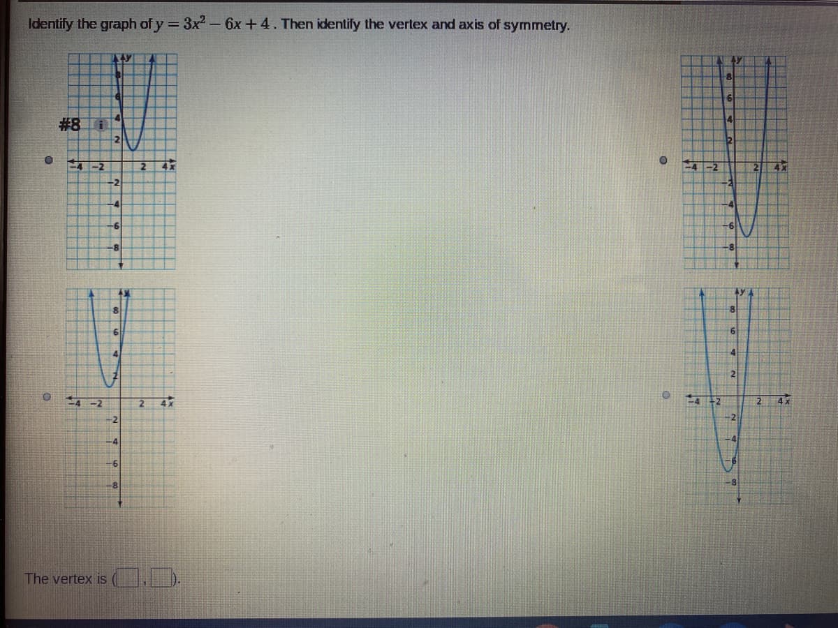 Identify the graph of y = 3x2-6x+4. Then identify the vertex and axis of symmetry.
-8
# 8
il
2
-2
-4
-8
4y
8.
4
4 -2
2
4x
4 +2
2 4X
-2
-2
9-
-8
The vertex is
