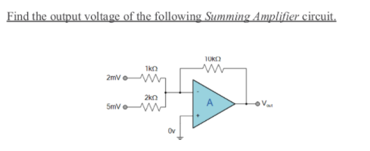 Find the output voltage of the following Summing Amplifier circuit.
1kn
2mv
2ko
5mVe W
Van
Ov
