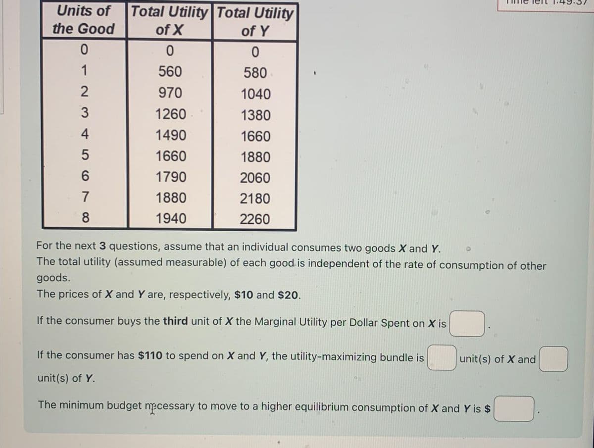 Units of
the Good
Total Utility Total Utility
of X
of Y
0
0
0
1
560
580
2
970
1040
3
1260
1380
4567 α
1490
1660
1660
1880
1790
2060
1880
2180
8
1940
2260
For the next 3 questions, assume that an individual consumes two goods X and Y.
The total utility (assumed measurable) of each good is independent of the rate of consumption of other
goods.
The prices of X and Y are, respectively, $10 and $20.
If the consumer buys the third unit of X the Marginal Utility per Dollar Spent on X is
If the consumer has $110 to spend on X and Y, the utility-maximizing bundle is
unit(s) of Y.
unit(s) of X and
The minimum budget necessary to move to a higher equilibrium consumption of X and Y is $