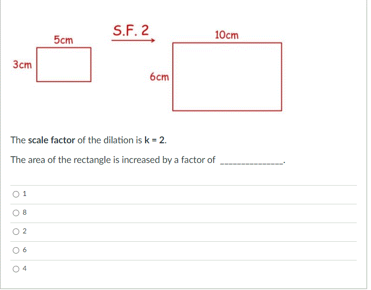 S.F. 2
10cm
5cm
3cm
6cm
The scale factor of the dilation is k = 2.
The area of the rectangle is increased by a factor of
1
6
CO
2.
4.
