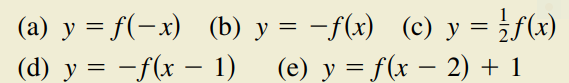 (a) y = f(-x) (b) y = -f(x) (c) y = ¿f(x)
(d) y = -f(x – 1) (e) y = f(x – 2) + 1
%3D
