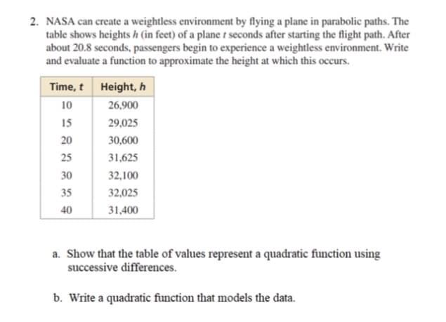 2. NASA can create a weightless environment by flying a plane in parabolic paths. The
table shows heights h (in feet) of a plane r seconds after starting the flight path. After
about 20.8 seconds, passengers begin to experience a weightless environment. Write
and evaluate a function to approximate the height at which this occurs.
Time,t Height, h
10
26,900
15
29,025
20
30,600
25
31,625
32,100
32,025
31,400
30
35
40
a. Show that the table of values represent a quadratic function using
successive differences.
b. Write a quadratic function that models the data.