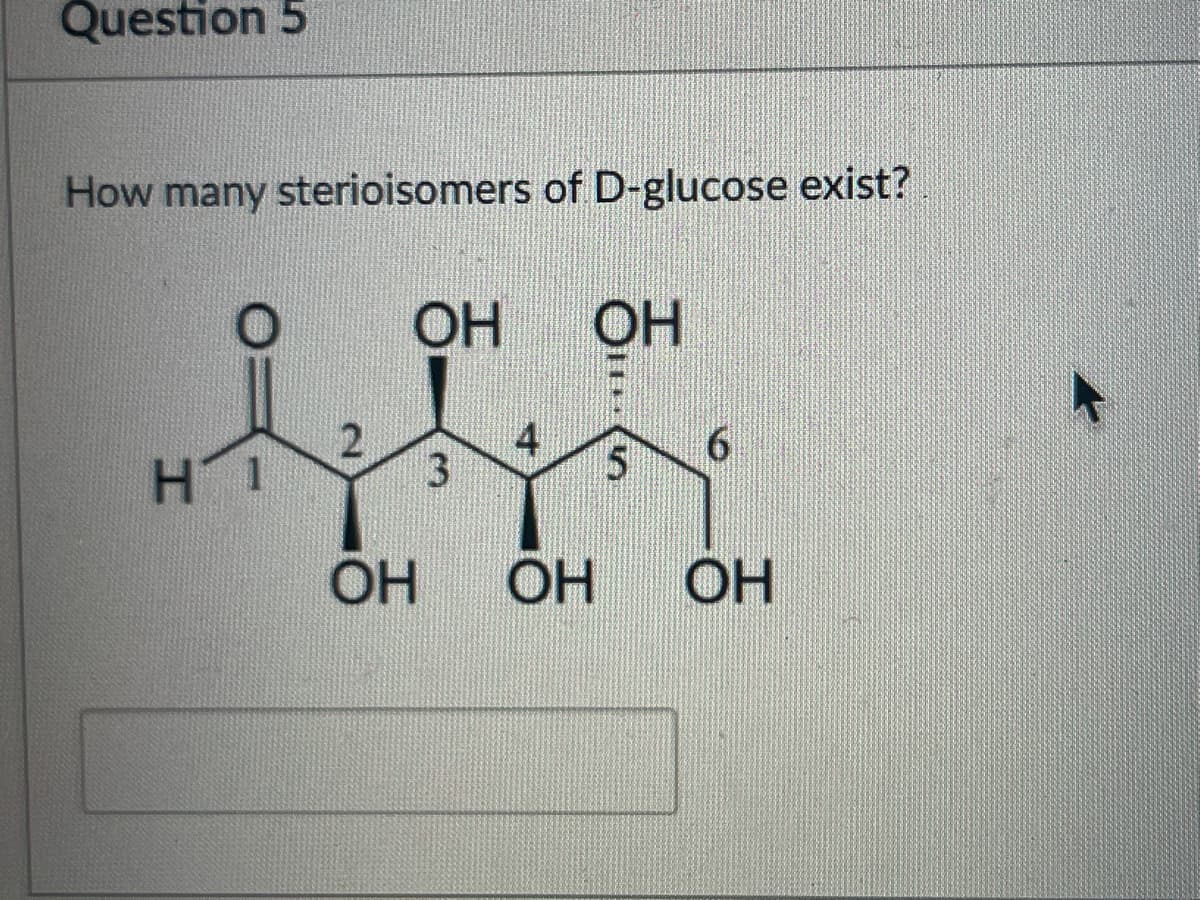 Question 5
How many sterioisomers of D-glucose exist?
OH
OH
2
6
H 1
3
5
OH
OH
OH