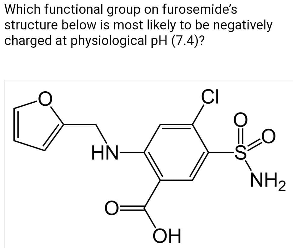 Which functional group on furosemide's
structure below is most likely to be negatively
charged at physiological pH (7.4)?
CI
HN-
NH2
ОН
